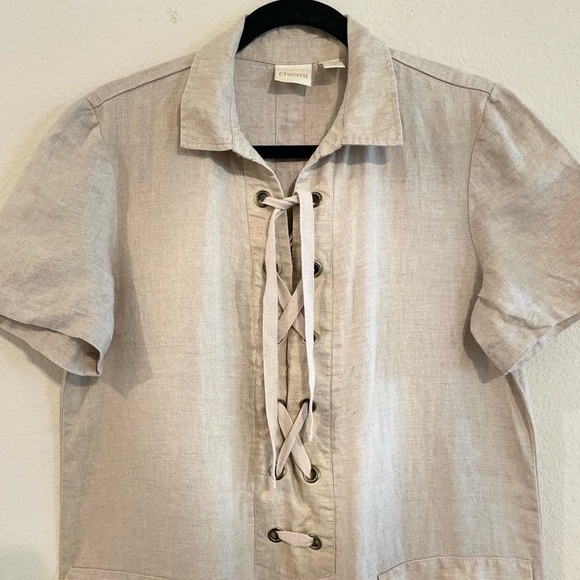 Chico's Women’s Shift Mini Dress Medium Tan Foiled 100% Linen Contemporary - Picture 7 of 17